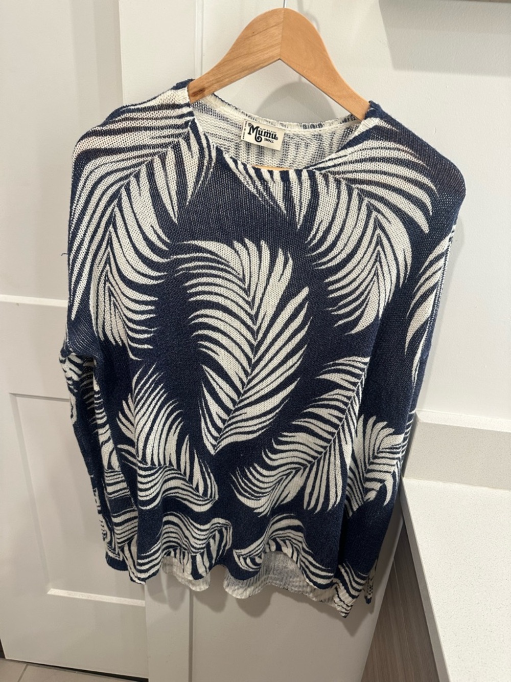 Show Me Your MuMu Navy and White Feather-Print Crewneck Sweater